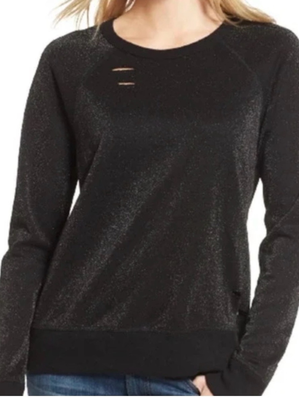 n: PHILANTHROPY Black Sparkle Distressed Lightweight Sweatshirt Size S